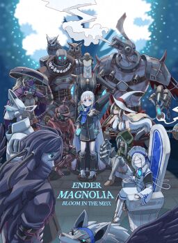 4girls 6+boys absurdres armor bandages bandages_over_eyes bird black_sclera blue_cloak blue_eyes chair cloak colored_sclera copyright_name dress ender_lilies_quietus_of_the_knights ender_magnolia_bloom_in_the_mist everyone full_body green_cloak grey_hair grey_jacket hat hati_(ender_magnolia) headdress helmet highres huginn_(ender_magnolia) humanoid_robot jacket lars_(ender_magnolia) leg_warmers lilac_(ender_magnolia) lito_(ender_magnolia) long_sleeves looking_at_viewer lorna_(ender_magnolia) luiseach_(ender_magnolia) mask multiple_boys multiple_girls muninn_(ender_magnolia) no.7_(ender_magnolia) nola_(ender_magnolia) non-humanoid_robot owl reibolg_(ender_magnolia) riva_(wolfox610riva) robot robot_animal shackled_beast_(ender_magnolia) shoes short_hair sitting sleeveless sleeveless_dress standing veil white_dress white_hat wide_brim witch_hat wolf yolvan_(ender_magnolia)