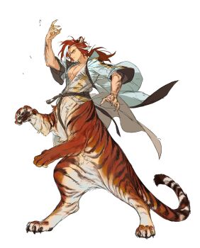 1boy animal_ears arm_up blue_coat centauroid character_request chinese_clothes claws coat commentary_request fingernails full_body hanfu highres jewelry long_hair male_focus monster_boy multiple_rings open_clothes open_coat ponytail rearing red_hair ring sharp_fingernails simple_background taur the_legend_of_hei_2 tiger_boy tiger_ears white_background wind www_planet yellow_eyes