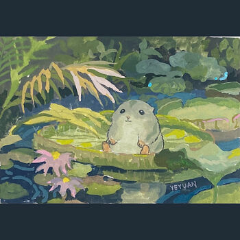 Rule 34 | animal, animal focus, artist name, commentary, english commentary, hamster, letterboxed, lily pad, no humans, original, outdoors, pond, yeyuan33