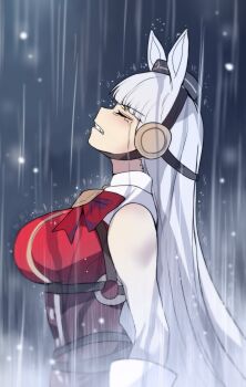 1girl animal_ears bow breasts brown_hat commentary dress ear_bow ear_ribbon english_commentary gloves gold_ship_(red_strife)_(umamusume) gold_ship_(umamusume) grey_hair hat highres hinghoi horse_ears horse_girl long_hair pillbox_hat rain red_dress sleeveless sleeveless_dress solo tears textless_version umamusume white_gloves