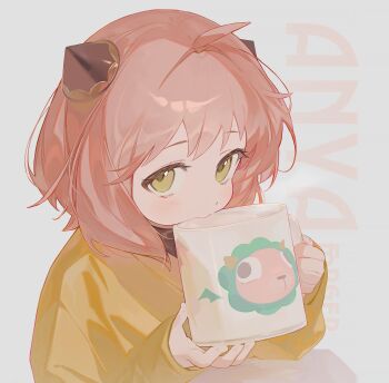 1girl anya_(spy_x_family) character_name coat cup director_chimera_(spy_x_family) green_eyes hairpods highres holding holding_cup k_0313_heaseong long_sleeves looking_at_viewer mug pink_hair short_hair sleeves_past_wrists solo spy_x_family white_background yellow_coat