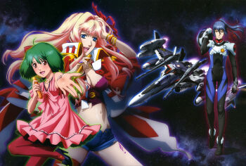 1boy 2girls absurdres blonde_hair blue_eyes blue_hair bodysuit breasts floating green_eyes green_hair helmet highres jewelry long_hair macross macross_frontier macross_frontier:_itsuwari_no_utahime multiple_girls official_art pantyhose pilot_suit ranka_lee saotome_alto scan sheryl_nome short_hair space spacesuit tornado_pack vf-25