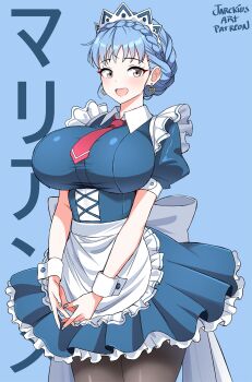 1girl blue_hair blush breasts earrings female_focus fire_emblem fire_emblem:_three_houses heart highres huge_breasts jarckius jewelry looking_at_viewer maid marianne_von_edmund nail_polish necktie nintendo short_hair solo wrist_cuffs