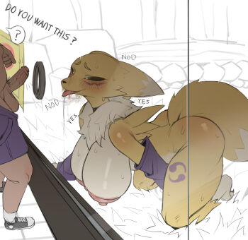 1boy 1girl ? alternate_breast_size_(larger) animal_ears animal_nose between_legs black_sclera blue_eyes body_fur breasts colored_sclera digimon digimon_(creature) drooling english_text facial_mark foreskin fox_ears fox_girl fox_tail furry furry_female glory_hole hand_between_legs hetero highres huge_breasts imminent_fellatio kneeling looking_at_penis male_pubic_hair neck_fur penis pubic_hair purple_sleeves renamon shoes shorts shota simple_background small_penis sneakers snout tail testicles through_wall tongue tongue_out two-tone_fur uncensored veins veiny_penis white_fur yellow_fur zhou135627