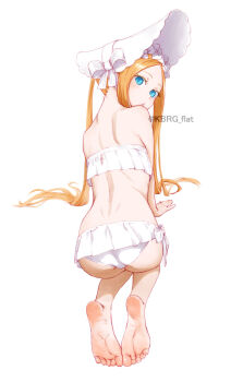 Rule 34 | 1girl, abigail williams (fate), abigail williams (swimsuit foreigner) (fate), abigail williams (swimsuit foreigner) (third ascension) (fate), all fours, ass, back, bare shoulders, barefoot, bikini, blonde hair, blue eyes, bonnet, fate/grand order, fate (series), full body, highres, kbrg, long hair, looking at viewer, parted lips, simple background, solo, swimsuit, white background, white bikini