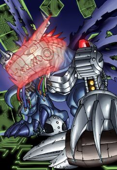 Rule 34 | absurdres, andromon, cyborg, digimon, digimon (creature), dinosaur, highres, laser book, megadramon, metalgreymon (virus), metalmamemon, mugendramon, wings