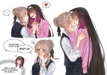 2girls black_hair black_ribbon black_skirt black_sweater_vest blush braid braided_bun brown_hair calermine cardigan closed_eyes closed_mouth collared_shirt columbina_(genshin_impact) commentary contemporary covering_own_mouth english_commentary french_kiss genshin_impact hair_bun hair_ribbon heart highres holding_hands interlocked_fingers kiss multicolored_hair multiple_girls pink_cardigan purple_streaks ribbon sandrone_(genshin_impact) school_uniform shirt simple_background skirt spoken_blush spoken_heart squiggle streaked_hair sweater_vest unusually_open_eyes white_background white_shirt yuri