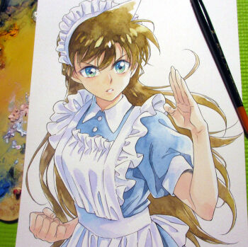 1girl agahari alternate_costume apron art_brush art_tools_in_frame back_bow blue_dress bow brown_hair clenched_hand collared_dress commentary_request dress enmaided fighting_stance frilled_apron frills green_eyes hand_up long_hair maid maid_apron maid_headdress meitantei_conan mouri_ran paintbrush painting_(medium) parted_lips photo_(medium) puffy_short_sleeves puffy_sleeves short_sleeves solo standing traditional_media upper_body very_long_hair white_apron white_bow