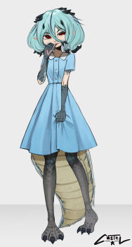 1girl absurdres animal_legs aqua_hair artist_name biting_own_finger blue_dress blue_horns buttons casctel clawed_feet clenched_hand clothes_grab collared_dress colored_inner_hair colored_tips commentary dress english_commentary fangs fewer_digits full_body fur-tipped_tail grey_hair highres horns lizard_tail looking_to_the_side medium_dress monster_girl monster_hunter:_world monster_hunter_(series) multicolored_hair personification pointy_ears red_hair reptile_girl scales sharp_teeth short_hair signature simple_background slit_pupils small_horns solo standing streaked_hair tail teeth tobi-kadachi toe_claws white_background