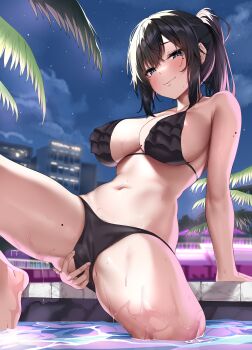1girl absurdres arm_support barefoot bikini black_bikini black_hair blue_eyes blush breasts building closed_mouth cloud commentary_request feet female_pubic_hair foot_out_of_frame highres jack_dempa knee_up large_breasts legs looking_at_viewer miyamae_shiho_(jack_dempa) mole mole_on_arm mole_on_breast mole_on_thigh mole_under_eye multiple_moles navel night night_sky original outdoors partially_submerged ponytail pool pubic_hair sideboob sidelocks sitting sky smile solo spread_pussy spread_pussy_under_clothes star_(sky) starry_sky stomach swimsuit water wet