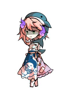 1girl animal_print apron arms_behind_back blue_apron boots chibi chibi_only collared_shirt commentary_request dairi fish_print frilled_skirt frills full_body large_variant_set long_sleeves ofuda ofuda_on_clothes okunoda_miyoi pink_hair pink_skirt print_apron shirt short_hair sidelocks simple_background skirt solo standing tachi-e touhou transparent_background variant_set waist_apron whale_hat whale_print white_boots white_shirt