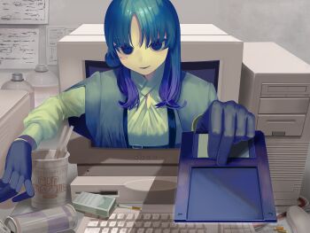 1girl absurdres blue_eyes blue_hair bottle can chopsticks cigarette cigarette_pack computer computer_keyboard computer_tower crt instant_cup_noodles desk drink_can empty_eyes energy_drink fingerless_gloves floppy_disk gloves green_shirt highres holding_floppy_disk indoors instant_noodles long_hair looking_at_viewer monitor original paper parted_bangs shirt smile soda_can solo table test_norma1 through_medium through_screen upper_body