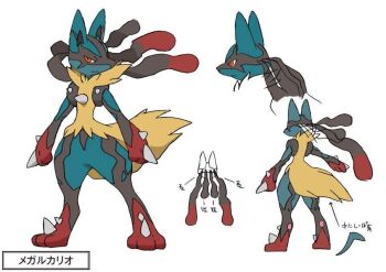 10s animal_focus closed_mouth concept_art full_body gen_4_pokemon lucario markings mega_lucario mega_pokemon multiple_views nintendo official_art pokemon pokemon_(creature) pokemon_focus pokemon_xy red_eyes reference_sheet sidelocks simple_background spikes standing tail translation_request turnaround white_background