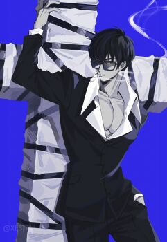 1boy absurdres arm_up bare_pectorals blue_background cigarette collarbone collared_shirt cowboy_shot greyscale_with_colored_background hand_in_pocket hashtag-only_commentary highres jacket layered_sleeves long_sleeves male_focus nicholas_d._wolfwood open_clothes open_shirt pants pectorals shirt short_hair smoke smoke_trail smoking solo standing sunglasses trigun xestria