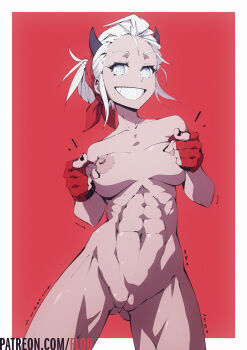 1girl abs bandana black_horns black_nails blind border breasts breasts_apart cleft_of_venus commentary contrapposto demon_girl demon_horns english_commentary finger_gun fingerless_gloves flou_(flou_art) gloves gluteal_fold grin hair_bun helltaker highres horns justice_(helltaker) looking_at_viewer medium_breasts muscular muscular_female nail_polish nipples nude outside_border patreon_username pointing pointing_at_viewer pussy red_background red_gloves short_hair single_hair_bun smile solo updo white_border white_eyes white_hair
