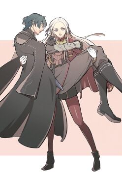 Rule 34 | 1boy, 1girl, arm guards, black coat, black gloves, boots, capelet, carrying, closed eyes, closed mouth, coat, commentary, couple, edelgard von hresvelg, fire emblem, fire emblem: three houses, from side, gloves, green hair, grey pants, hair ribbon, head tilt, hetero, high heels, highres, leaning forward, long hair, long sleeves, looking at viewer, male byleth (fire emblem), nervous, nintendo, pants, pantyhose, parted bangs, princess carry, purple eyes, purple ribbon, red capelet, red pantyhose, reverse princess carry, ribbon, shade, short hair, standing, sweatdrop, sweater, un faro, white gloves, white hair, wide sleeves