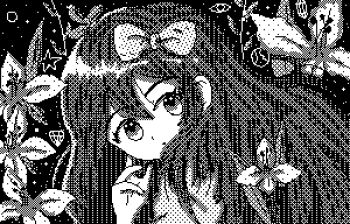 1girl animated animated_gif aubrey_(headspace)_(omori) aubrey_(omori) blinking bow closed_mouth deimiler flower gladiolus_amicitia greyscale hair_bow long_hair looking_at_viewer lowres monochrome omori pixel_art shirt smile solo t-shirt upper_body