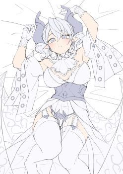 1girl absurdres arm_up bare_shoulders blush breasts cleavage commentary_request demon_girl demon_wings dress drill_hair duel_monster earrings garter_straps gloves grey_eyes grey_hair highres jewelry large_breasts lovely_labrynth_of_the_silver_castle low_wings lying meshida_(lux-far-accelerator) multiple_wings on_back on_bed parted_lips pointy_ears sketch smile solo strapless strapless_dress thighhighs twin_drills white_dress white_gloves white_thighhighs white_wings wings yu-gi-oh!