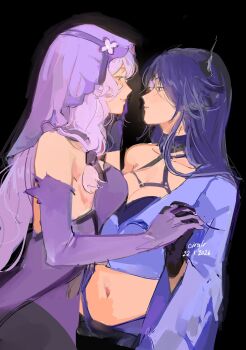 acheron_(honkai:_star_rail) bare_shoulders black_choker black_gloves black_swan_(honkai:_star_rail) breasts choker cirqlr cleavage coat commentary couple english_commentary gloves hair_over_one_eye highres honkai:_star_rail honkai_(series) large_breasts long_hair midriff multicolored_hair multiple_girls navel purple_eyes purple_hair purple_veil shorts single_bare_shoulder streaked_hair tailcoat veil very_long_hair white_coat yuri