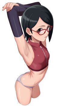 Rule 34 | 1girl, arched back, armpits, arms behind head, arms up, ass, black eyes, black hair, boruto: naruto next generations, butt crack, crop top, cropped legs, detached sleeves, glasses, grey panties, highres, naruto (series), ogi non, panties, red-framed eyewear, short hair, simple background, solo, thighs, uchiha sarada, underwear