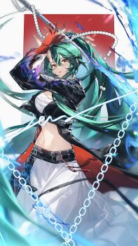 Rule 34 | 1girl, absurdres, arknights, arm up, bandaged chest, beads, blue fire, breasts, chain, chest sarashi, feet out of frame, fire, gloves, green hair, hair between eyes, hakama, high ponytail, highres, holding, holding sword, holding weapon, horns, hoshiguma (arknights), hoshiguma the breacher (arknights), japanese clothes, jewelry, leather coat, long hair, looking at viewer, luan teng, navel, ponytail, red gloves, ring, sarashi, single horn, skin-covered horns, solo, standing, sword, very long hair, weapon, white hakama, yellow eyes