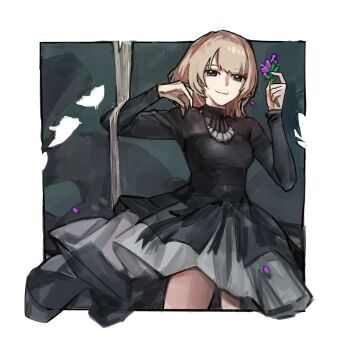 Rule 34 | 1girl, :3, black dress, blonde hair, breasts, brown eyes, closed mouth, commentary, dress, english commentary, flower, hands up, highres, holding, holding flower, long sleeves, looking at viewer, medium breasts, medium hair, mole, mole above mouth, real life, sasaki rico (voice actor), solo, voice actor, xinyi6239222644