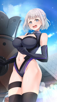 1girl black_bodysuit black_gloves black_thighhighs blue_eyes blue_sky blush bodysuit breasts cleavage clothing_cutout commentary_request cosplay day elbow_gloves embarrassed gakuen_idolmaster gloves grey_hair highres idolmaster katsuragi_lilja large_breasts looking_at_viewer mash_kyrielight mk_(mod0) navel_cutout open_mouth outdoors short_hair sky solo standing thigh_strap thighhighs thighs tokyo_big_sight wavy_mouth