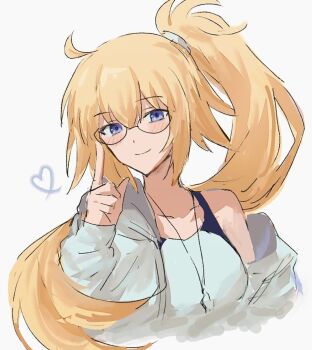 1girl blonde_hair blue_eyes blush closed_mouth fate/grand_order fate_(series) heart highres jacket jeanne_d&#039;arc_(fate) jeanne_d&#039;arc_(swimsuit_archer)_(second_ascension)_(fate) long_hair looking_at_viewer nekwnek one-piece_swimsuit side_ponytail single_bare_shoulder smile solo swimsuit white_jacket white_one-piece_swimsuit