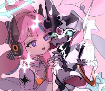 2girls breasts dual_persona green_eyes hair_ornament halo highres holding_hands humanoid_robot interlocked_fingers koumilust looking_at_viewer medium_breasts multiple_girls pink_hair robot robot_girl shirt smile upper_body white_shirt yutane_johiel zenless_zone_zero