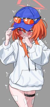 Rule 34 | 1girl, absurdres, adjusting clothes, adjusting headwear, bandaid, bandaid on leg, blue archive, blue hat, blush, commentary request, eyewear on headwear, grey background, halo, hat, have to pee, highres, hood, hood down, hoodie, korean commentary, long sleeves, medium hair, mole, mole under eye, okokorika, orange-tinted eyewear, orange hair, peeing, peeing self, pink eyes, rei (blue archive), simple background, solo, standing, tearing up, thigh strap, tinted eyewear, trembling, upper body, white hoodie