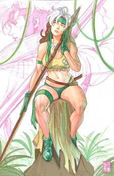 1boy 1girl acecore2k armlet brown_hair commentary couple earrings english_commentary gambit gloves green_eyes green_gloves green_headband green_panties green_shoes headband hetero highres holding holding_polearm holding_weapon hoop_earrings jewelry long_hair looking_back looking_to_the_side marker_(medium) marvel midriff multicolored_hair navel necklace official_alternate_costume panties parted_lips pen_(medium) polearm profile rogue_(x-men) shirt shoes short_hair sitting spear tank_top thigh_strap tooth_necklace torn_clothes torn_shirt traditional_media tree underwear weapon white_hair x-men yellow_tank_top