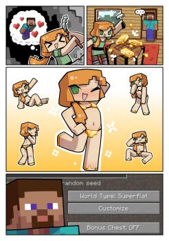 1boy 1girl :d alex_(minecraft) armor bikini bikini_armor brown_hair chibi commentary english_commentary facial_hair flat_chest goatee gold gold_bar gold_bikini green_hair gummuru highres loli long_hair minecraft open_mouth orange_hair ponytail smile steve_(minecraft) swimsuit