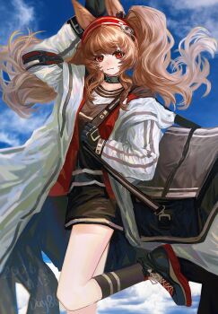1girl 4358958997 :3 angelina_(arknights) animal_ears arknights arm_up bag black_bag black_collar black_gloves black_shirt black_shoes black_shorts black_socks blue_sky brown_hair cloud coat collar dated dot_nose earpiece fox_ears fox_girl gloves hairband highres holding_strap infection_monitor_(arknights) jacket kneehighs leg_up long_hair long_sleeves looking_at_viewer messenger_bag multicolored_hairband open_clothes open_coat open_jacket outdoors red_eyes red_hairband red_jacket shirt shoes shorts shoulder_bag sky sneakers socks solo standing standing_on_one_leg striped_clothes striped_hairband twintails two-tone_hairband white_coat