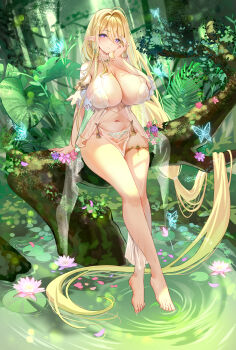 1girl absurdly_long_hair absurdres akusamu azur_lane barefoot blonde_hair branch breasts cleavage commentary_request elf forest full_body gouden_leeuw_(azur_lane) hand_on_own_cheek hand_on_own_face heart heart_tattoo highres huge_breasts jungle long_hair looking_at_viewer nature outdoors pelvic_curtain pointy_ears pubic_tattoo purple_eyes revealing_clothes see-through_clothes see-through_pelvic_curtain sitting_on_branch solo tattoo very_long_hair water