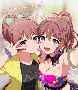2girls absurdres armpits bang_dream! bare_shoulders birthday black_shirt blue_eyes bow breast_press breasts brown_eyes brown_hair cleavage collarbone dual_persona fur-trimmed_tube_top fur_trim green_bow hair_bow hair_ornament hair_ribbon happy_birthday highres jacket looking_at_viewer medium_breasts mintlemonade13 multicolored_tube_top multiple_girls open_clothes open_jacket open_mouth pink_ribbon plaid_clothes plaid_skirt polka_dot polka_dot_bow ponytail purple_wrist_cuffs red_skirt ribbon self-upload shirt skirt star_(symbol) star_hair_ornament star_print star_sticker sticker sticker_on_breast sticker_on_face strapless teeth transparent_bow tube_top upper_body upper_teeth_only w wrist_cuffs wristband yamabuki_saya yellow_jacket yellow_ribbon