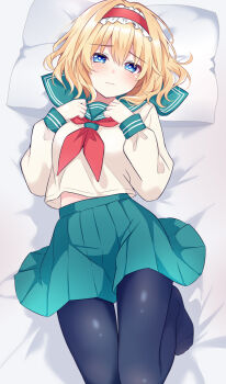 1girl alice_margatroid alternate_costume black_pantyhose blonde_hair blue_eyes blush breasts capelet closed_mouth commentary_request frilled_hairband frills green_sailor_collar green_skirt hairband head_on_pillow heart heart-shaped_pupils highres lolita_hairband long_sleeves looking_at_viewer lying medium_breasts medium_hair neckerchief on_back pantyhose pillow pleated_skirt red_hairband red_neckerchief sailor_collar sailor_shirt school_uniform serafuku shirt skirt solo symbol-shaped_pupils tanaka_shoushou_fumimaro touhou white_shirt