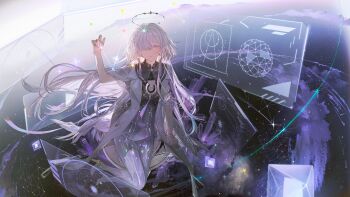 1girl chinese_commentary closed_mouth commentary_request dress earrings grey_hair hair_ornament hair_over_one_eye halo hand_up highres holographic_interface illumi999 jacket jewelry long_hair looking_at_viewer mornye_(wuthering_waves) purple_dress red_eyes see-through_body sitting solo triangle_earrings very_long_hair white_jacket wuthering_waves