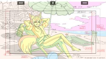 1boy animal_ears arms_behind_head artist_request bad_source beach beach_chair beach_umbrella crossed_legs english_text goggles highres inflatable_armbands male_focus original partially_colored solo tagme tail umbrella unfinished