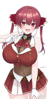 1girl :d absurdres ascot bare_shoulders black_choker breasts choker cleavage commentary_request cropped_jacket frilled_choker frills gloves hair_ribbon heterochromia highres hololive houshou_marine houshou_marine_(1st_costume) jacket kasutera_mikan large_breasts leotard leotard_under_clothes looking_at_viewer navel open_mouth red_ascot red_eyes red_hair red_jacket red_ribbon red_skirt ribbon skirt sleeveless sleeveless_jacket smile solo teeth upper_teeth_only virtual_youtuber white_gloves yellow_eyes