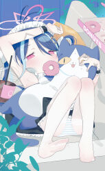 Rule 34 | 1girl, absurdres, alternate costume, antenna hair, armpits, blue archive, blue hair, blush, doughnut, drink, drinking straw, enmaided, food, fubuki (blue archive), grey hair, hair ornament, heart, heart hair ornament, highres, long hair, looking at viewer, maid, maid headdress, multicolored hair, no shoes, panties, panties under pantyhose, pantyhose, pushun (muteki), red eyes, revision, soles, solo, striped clothes, striped panties, stuffed animal, stuffed cat, stuffed toy, toes, twintails, underwear, white pantyhose