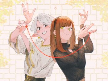 2girls alt_text asimov_(spindle_(aidenr0)) belt black_belt black_eyes black_shirt brick_wall bright_pupils buckle closed_mouth commentary couple elf english_commentary green_eyes grin hands_up highres jewelry long_hair long_sleeves looking_at_another looking_to_the_side multiple_girls orange_hair original ottilie_(spindle_(aidenr0)) pointy_ears ring shirt short_hair sideways_glance smile spindle_(aidenr0) straight_hair string string_of_fate white_hair white_pupils white_shirt wife_and_wife yuri