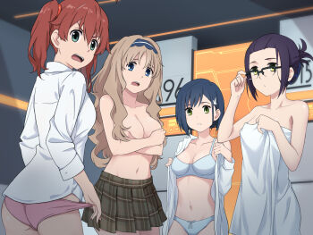 Rule 34 | 4girls, black hair, blue eyes, bra, brown hair, darling in the franxx, dressing, glasses, green eyes, highres, ichigo (darling in the franxx), ikuno (darling in the franxx), kokoro (darling in the franxx), laofuzi dai bansho, long hair, looking at viewer, looking back, miku (darling in the franxx), multiple girls, navel, nude, open mouth, panties, pink panties, ponytail, red hair, shirt, short hair, skirt, standing, stomach, towel, towel around waist, underwear, white bra, white panties, white shirt, yellow eyes