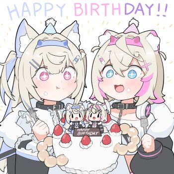 +_+ 2girls absurdres birthday_cake black_collar blonde_hair blue_eyes blue_hairband blush cake closed_mouth collar commentary crossover donut double-parted_bangs english_commentary fake_horns food food_on_face fork fruit fuwawa_abyssgard hair_between_eyes hairband happy_birthday highres holding holding_fork hololive hololive_english horn_hairband horns long_hair long_sleeves mococo_abyssgard multicolored_hair multiple_girls open_mouth pink_eyes pink_hairband pon_de_ring short_hair simple_background snowmya strawberry streaked_hair two-tone_hair upper_body virtual_youtuber white_background
