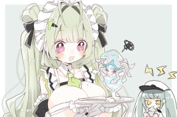 2girls :d antenna_hair apron arm_cuffs ascot blue_hair blush breasts chibi detached_collar double_bun frills gloves goddess_of_victory:_nikke green_ascot hair_bun hair_ornament hair_ribbon hairclip hat heart_antenna_hair holding holding_plate kraken large_breasts light_blue_hair light_green_hair long_hair maid maid_apron maid_headdress military_hat mole mole_on_breast multiple_girls open_mouth peaked_cap pecoe plate privaty_(nikke) purple_eyes ribbon sleeveless smile soda_(nikke) squid squiggle twintails very_long_hair white_gloves white_headwear yellow_eyes