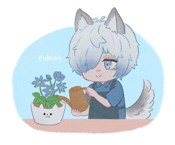 1boy animal_ears apron blue_eyes blue_flower blue_shirt closed_mouth commentary_request conachun flower fubuki_(rune_factory) hair_over_one_eye highres plant potted_plant rune_factory rune_factory:_guardians_of_azuma shirt short_hair smile solo tail watering_can wolf_boy wolf_ears wolf_tail