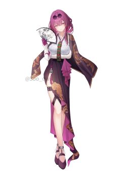1girl absurdres alternate_costume arm_under_breasts blush breasts closed_mouth commentary eyewear_on_head full_body gloves hair_between_eyes hand_fan hand_on_own_arm hand_up highres holding holding_fan honkai:_star_rail honkai_(series) kafka_(honkai:_star_rail) kebi_(soo_owl) large_breasts long_sleeves looking_at_viewer purple_eyes purple_gloves purple_hair purple_shoes round_eyewear shoes simple_background smile solo standing symbol-only_commentary thigh_strap tinted_eyewear twitter_username white_background
