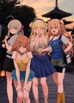 4girls ahoge bag bare_shoulders belt black_choker black_skirt blonde_hair blue_eyes blue_hairband blue_skirt blue_sky blunt_bangs blush boots bow breasts brown_eyes brown_hair choker cleavage closed_eyes commentary_request eating feet_out_of_frame fletcher_(kancolle) fletcher_(mitsukoshi)_(kancolle) food glasses green_shorts grey_hair grey_shirt hair_between_eyes hair_bow hair_ribbon hairband heywood_l._edwards_(kancolle) highres holding holding_ice_cream_cone ice_cream ice_cream_cone ichikawa_feesu johnston_(kancolle) kantai_collection long_sidelocks looking_at_viewer medium_breasts medium_hair miniskirt multiple_girls off-shoulder_shirt off_shoulder open_mouth outdoors photo_background pleated_skirt ponytail purple_belt red_bow red_eyes ribbon richard_p._leary_(kancolle) shirt short_sleeves shorts shoulder_bag shrine sidelocks single_off_shoulder skirt sky small_breasts smile smiley_face spaghetti_strap sunset sweat two_side_up utensil_in_mouth v yellow_boots yellow_shirt
