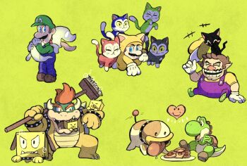 +++ 4boys :3 :o ^_^ all_fours animal animal_costume animal_on_head armlet black_cat black_cat_(wario_land) blitty_(mario) blue_eyes blue_overalls blue_pants bowser bracelet broggy_(mario) brown_footwear brown_hair bubble cat cat_costume cat_mario cat_on_head checkerboard_cookie claws cleft_chin closed_eyes closed_mouth collar commentary_request cookie dog drooling facial_hair food ghost gloves green_background green_footwear green_headwear green_shirt hand_up hands_up hat heart holding holding_mop holding_unworn_clothes holding_unworn_hat horns jewelry jumping kitten_(mario) long_sleeves long_tongue looking_at_viewer luigi luigi&#039;s_mansion mario mario_&amp;_luigi:_bowser&#039;s_inside_story mario_&amp;_luigi_rpg mario_(series) mop motion_lines mouth_hold multiple_boys mustache nintendo on_head open_mouth overalls own_hands_together pants plate polterpup poochy_(yoshi&#039;s_island) purple_overalls purple_pants red_eyes red_hair rinabee_(rinabele0120) saliva sharp_teeth shirt shoes short_hair short_sleeves simple_background sitting smile smiley_face smirk soap_bubbles spiked_armlet spiked_bracelet spiked_shell spikes super_mario_3d_world sweatdrop tail tail_wagging teeth thumbprint_cookie tongue tongue_out turtle_shell unworn_hat unworn_headwear v-shaped_eyebrows wario wario_land wario_land_4 white_gloves yellow_eyes yellow_headwear yellow_shirt yoshi