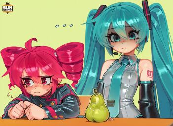 ... 2girls ahoge aqua_eyes aqua_necktie arm_tattoo artist_name bare_shoulders black_sleeves blush clenched_hands closed_mouth detached_sleeves drill_hair food fruit green_background green_outline hair_between_eyes hatsune_miku highres kasane_teto long_hair long_sleeves looking_to_the_side multiple_girls necktie outline pear red_eyes sitting sleeveless suggestive_fluid sunflowerart sweat table tattoo twin_drills twintails upper_body vocaloid wing_collar