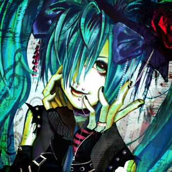 1girl alternate_costume aqua_eyes aqua_hair bow bridge_piercing eyelashes eyeshadow face_piercing fingerless_gloves gloves hair_bow hatsune_miku highres jewelry lip_piercing long_hair makeup nanao_uu nose_piercing nose_ring pale_skin piercing ring smile solo twintails visual_kei vocaloid